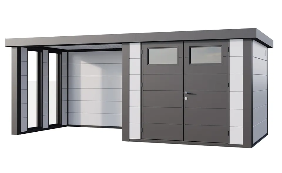 Telluria | Tuinhuis Classico 2724 met Overkapping Lounge Small met Ramen | Links | Wit-Antraciet