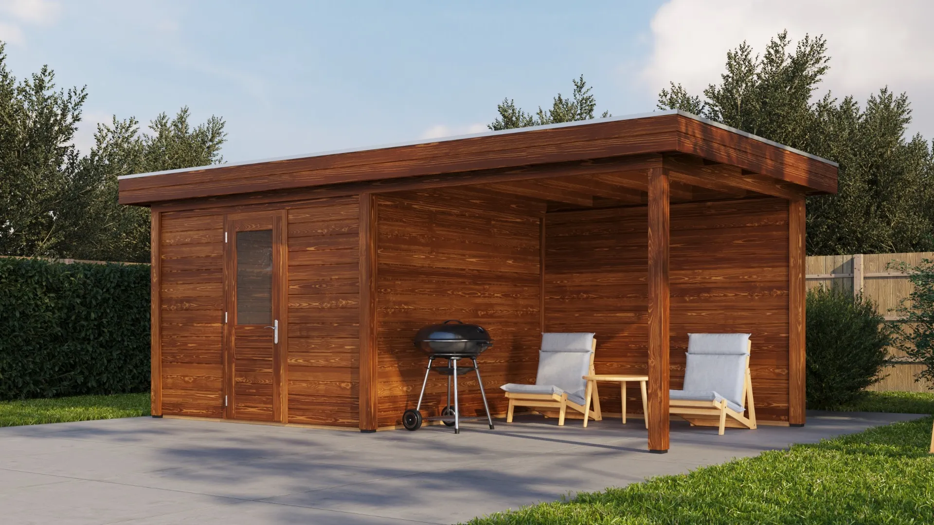 Lugarde Select Modern | Tuinhuis Nunspeet met Veranda Rechts 300 + 300 x 300 | Bruin Geolied