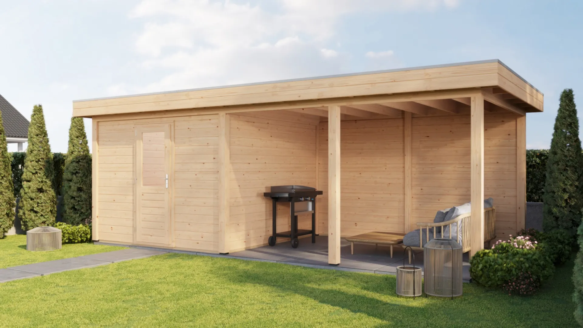 Lugarde Select Modern | Tuinhuis Lelystad met Veranda Rechts 300 + 400 x 300 | Onbehandeld