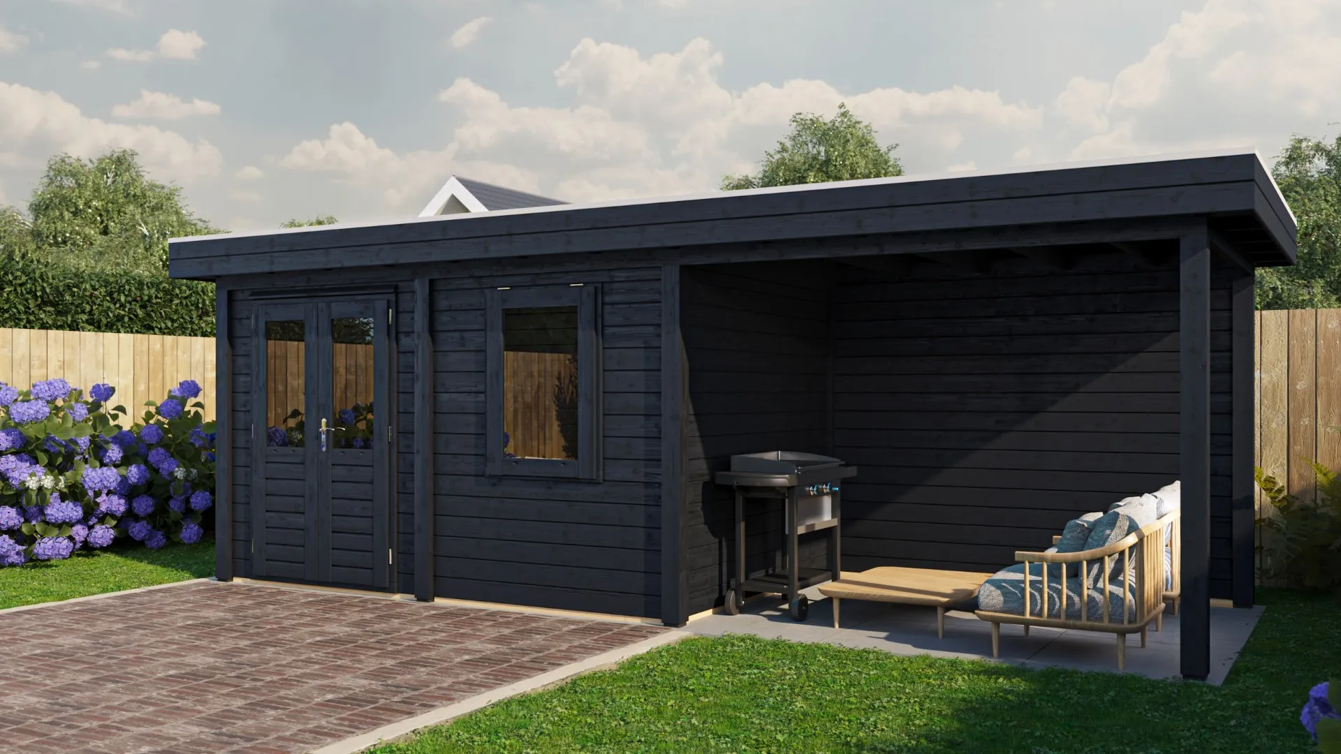 Lugarde Select Modern | Tuinhuis Neerkant met Veranda Rechts 388 + 300 x 250 | Zwart Geolied