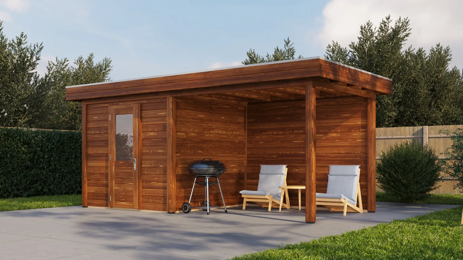 Lugarde Select Modern | Tuinhuis Vught met Veranda Rechts 250 + 300 x 250 | Bruin Geolied