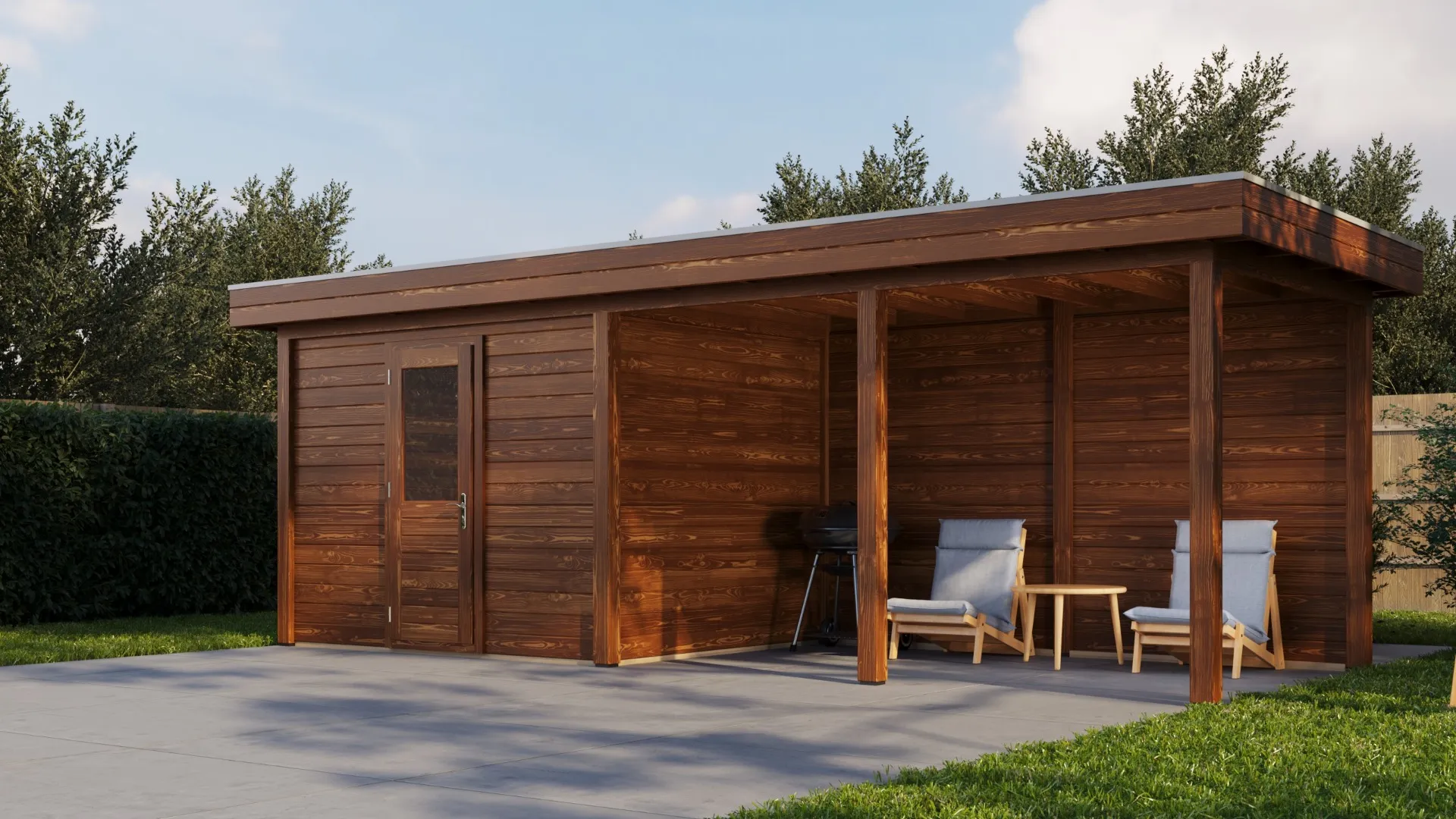 Lugarde Select Modern | Tuinhuis Apeldoorn met Veranda Rechts 300 + 400 x 250 | Bruin Geolied