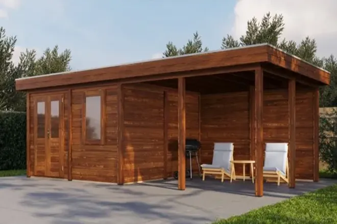 Lugarde Select Modern | Tuinhuis Amstelveen met Veranda Rechts 388 + 400 x 388 | Bruin Geolied