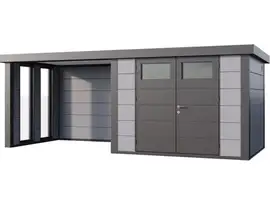 Telluria | Tuinhuis Classico 3024 met Overkapping Lounge Small met Ramen | Links | Lichtgrijs