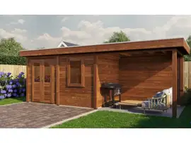 Lugarde Select Modern | Tuinhuis Neerkant met Veranda Rechts 388 + 300 x 250 | Bruin Geolied