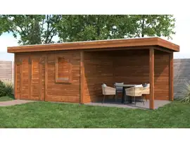 Lugarde Select Modern | Tuinhuis Emmen met Veranda Rechts 388 + 300 x 300 | Bruin Geolied