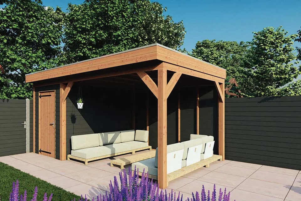 Fonteyn | Tuinhuis met Overkapping Traditioneel 5500 x 3300 | Zwart Geïmpregneerde Vuren Wanden