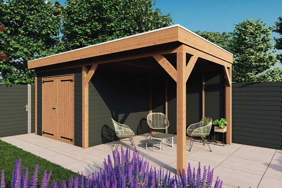 Fonteyn | Tuinhuis met Overkapping Traditioneel 5950 x 3300 | Zwart Geïmpregneerde Vuren Wanden