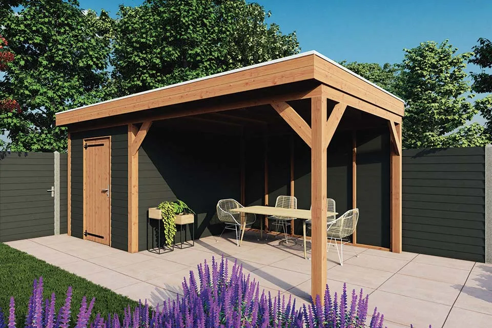 Fonteyn | Tuinhuis met Overkapping Traditioneel 6100 x 3300 | Zwart Geïmpregneerde Vuren Wanden