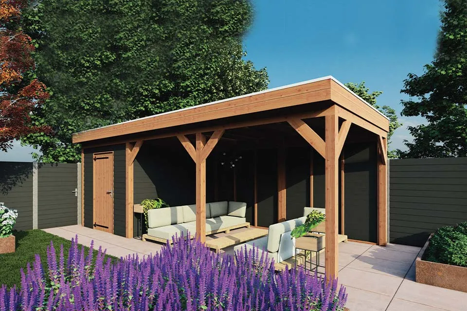 Fonteyn | Tuinhuis met Overkapping Traditioneel 7300 x 3300 | Zwart Geïmpregneerde Vuren Wanden