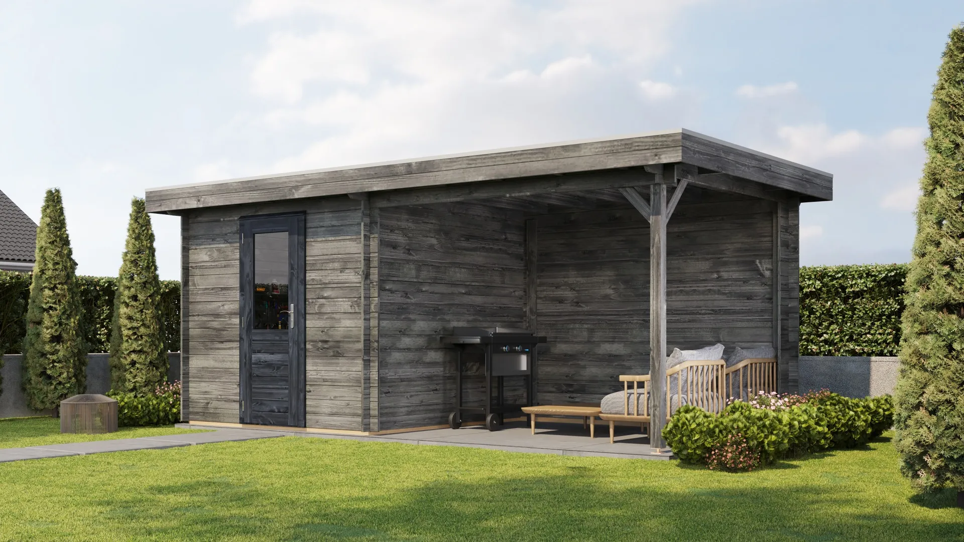 Lugarde Select | Tuinhuis Deventer met Overkapping Rechts 250 + 300 x 250 | Keteldruk Grijs