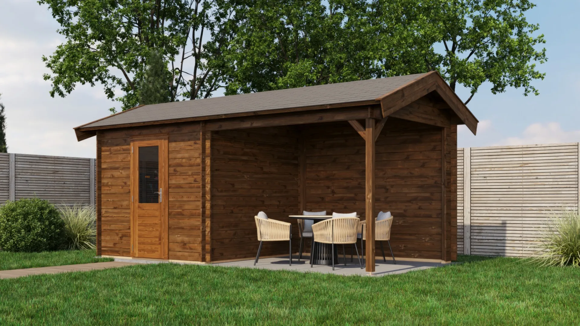 Lugarde Select | Tuinhuis Markelo met Overkapping Rechts 250 + 300 x 250 | Keteldruk Bruin