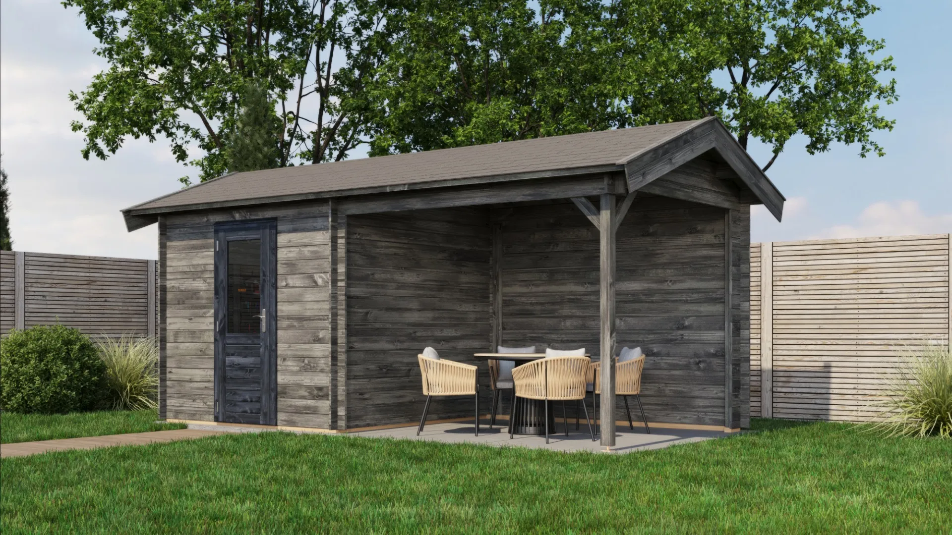 Lugarde Select | Tuinhuis Markelo met Overkapping Rechts 250 + 300 x 250 | Keteldruk Grijs