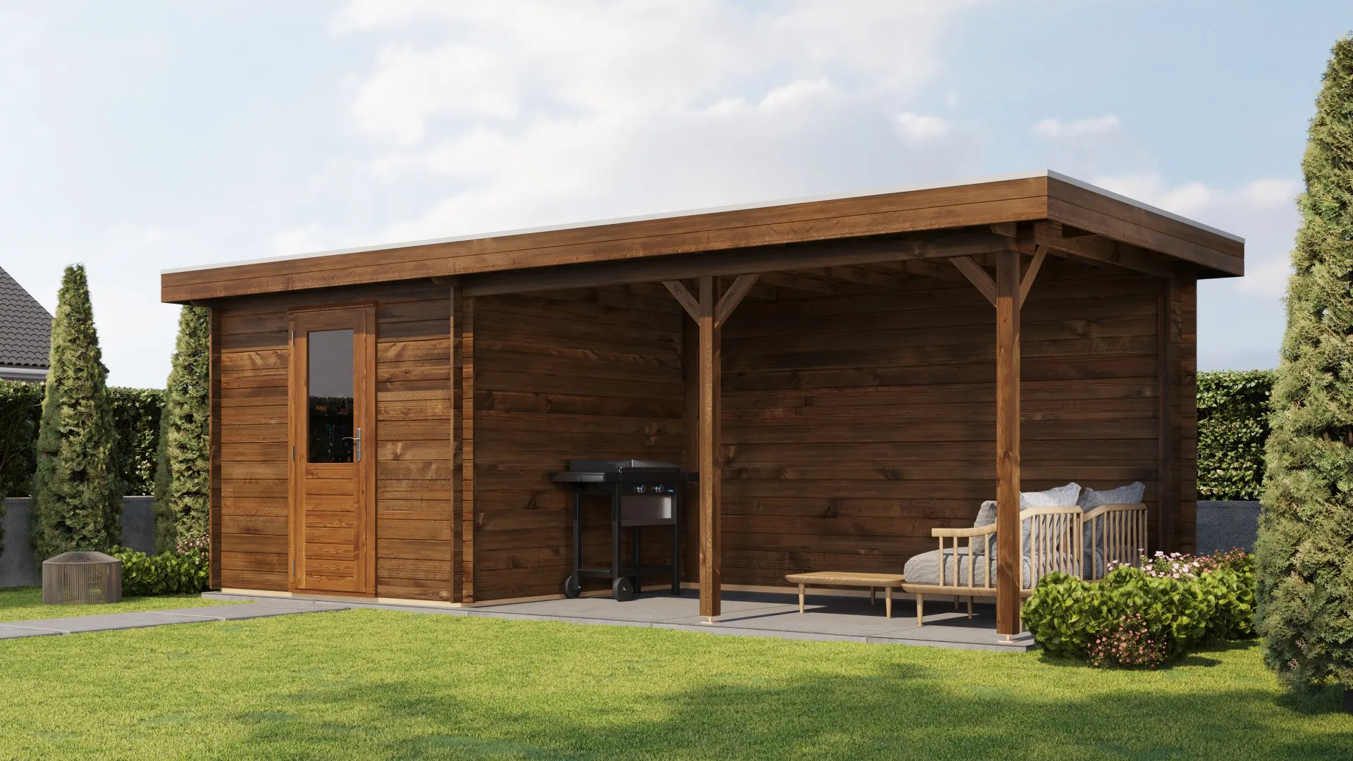 Lugarde Select | Blokhut Ede met Overkapping 250 + 400 x 250 | Keteldruk Bruin