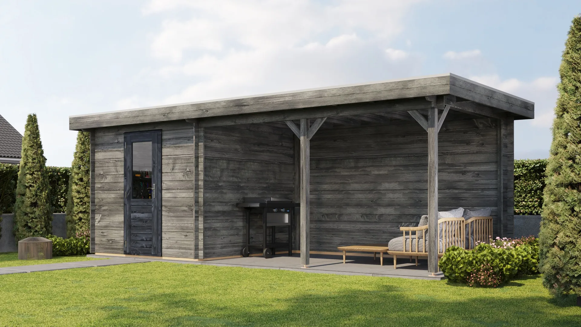 Lugarde Select | Tuinhuis Ede met Overkapping Rechts 250 + 400 x 250 | Keteldruk Grijs