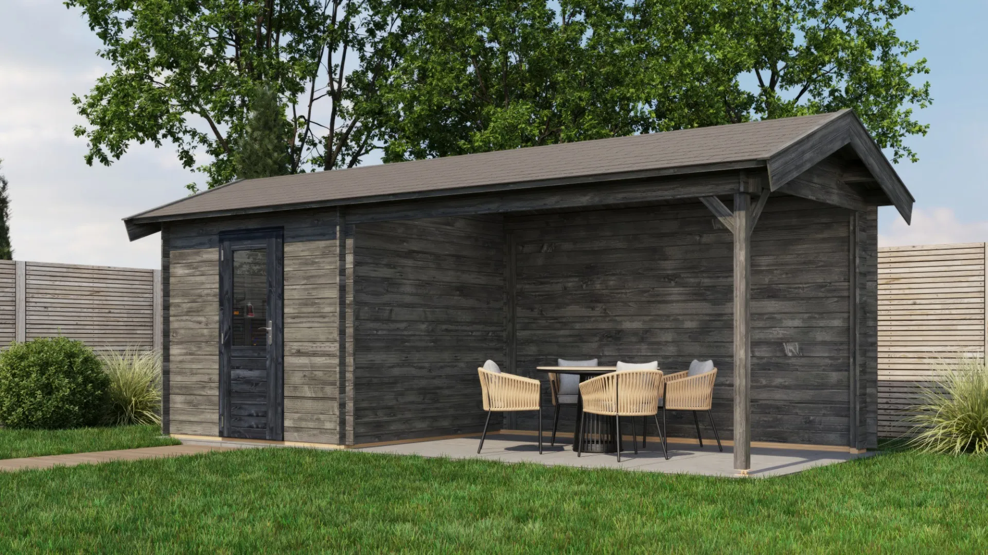 Lugarde Select | Tuinhuis Oldenzaal met Overkapping Rechts 250 + 400 x 250 | Keteldruk Grijs