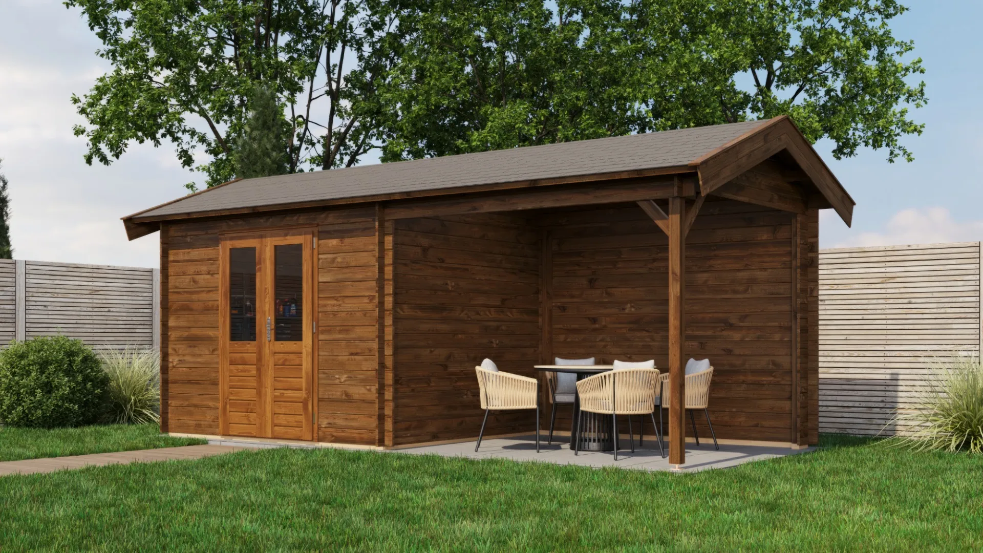 Lugarde Select | Tuinhuis Varsseveld met Overkapping Rechts 300 + 300 x 250 | Keteldruk Bruin