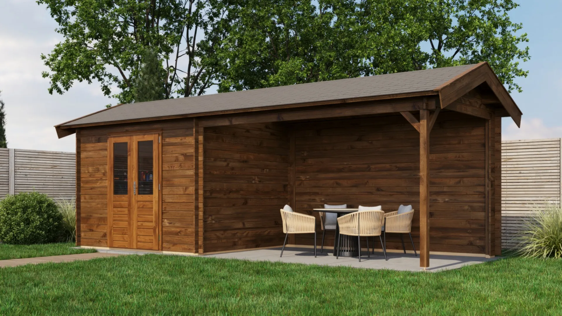 Lugarde Select | Tuinhuis Borne met Overkapping Rechts 300 + 400 x 250 | Keteldruk Bruin