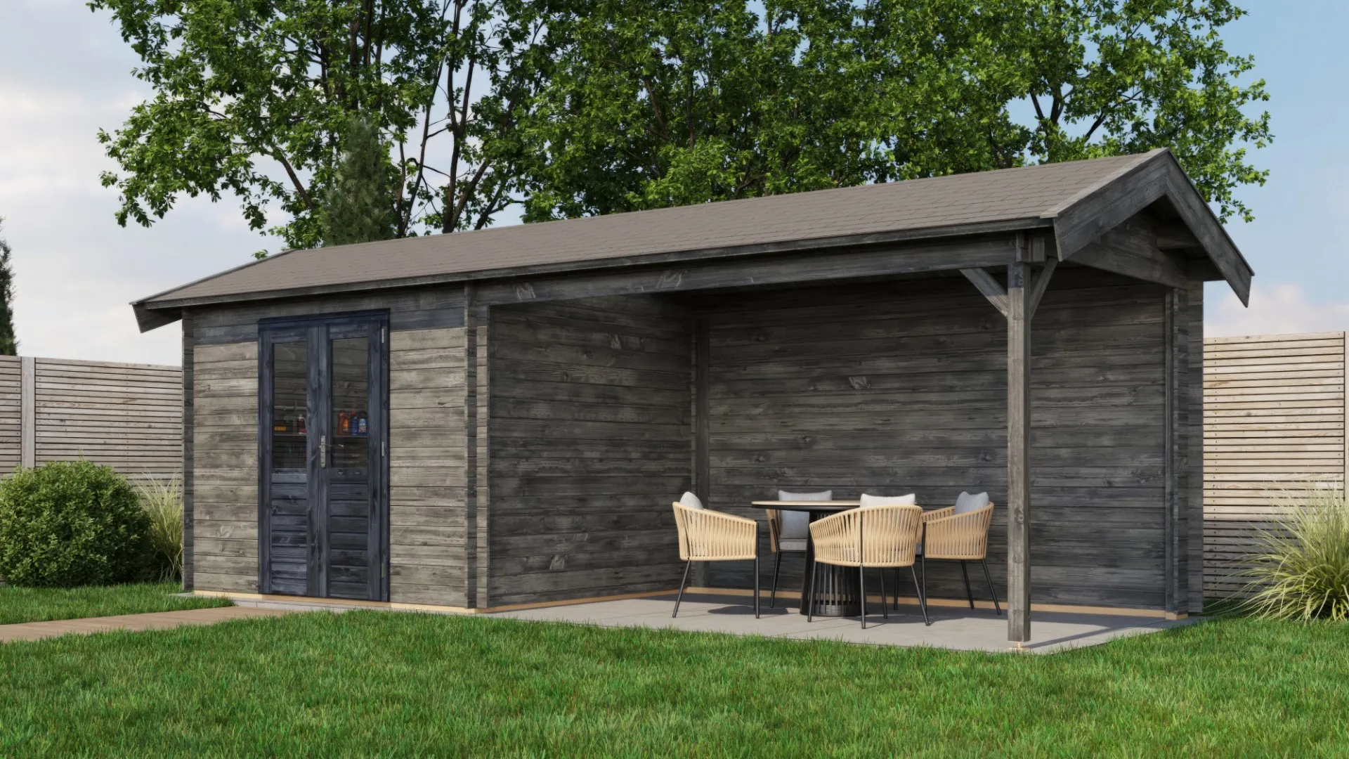 Lugarde Select | Tuinhuis Borne met Overkapping Rechts 300 + 400 x 250 | Keteldruk Grijs