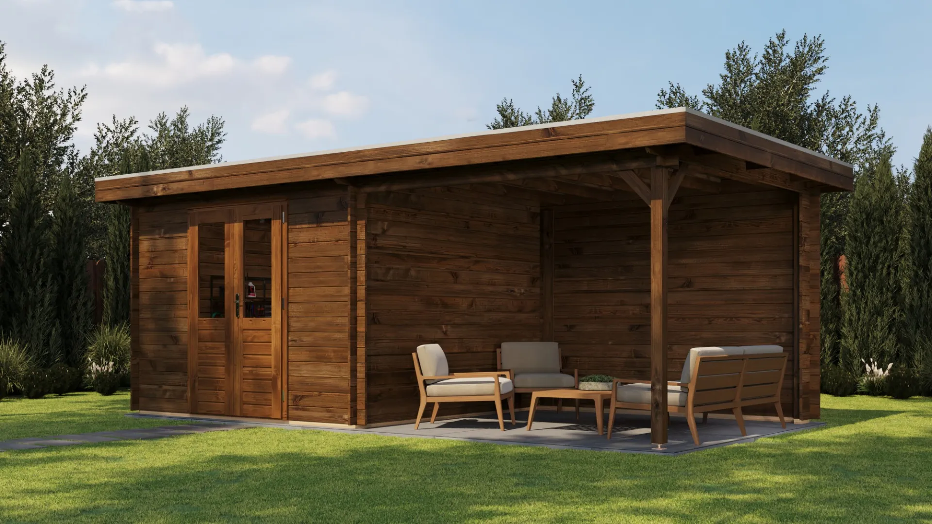 Lugarde Select | Tuinhuis Hilversum met Overkapping Rechts 300 + 300 x 300 | Keteldruk Bruin