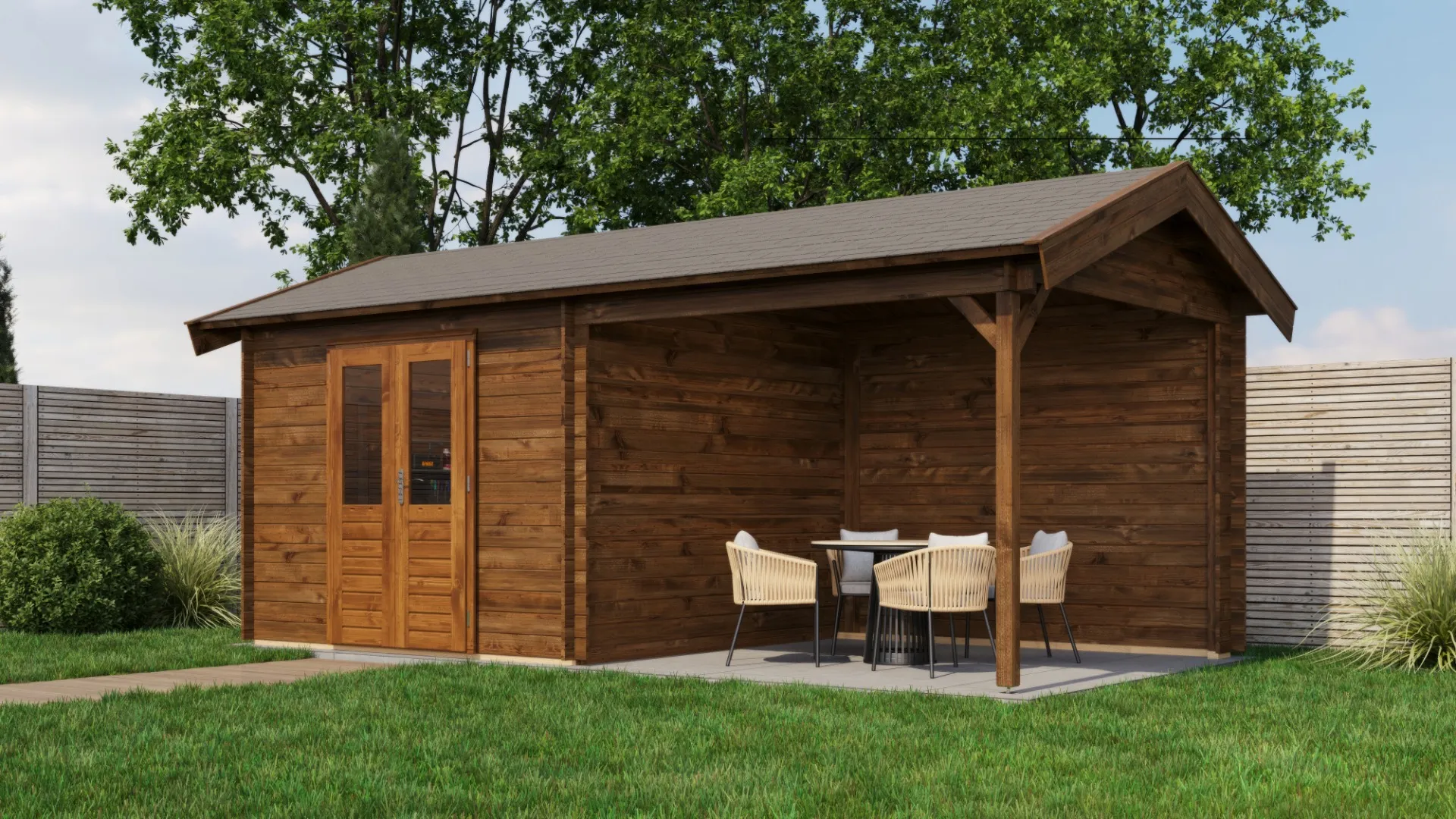 Lugarde Select | Tuinhuis Raalte met Overkapping Rechts 300 + 300 x 300 | Keteldruk Bruin