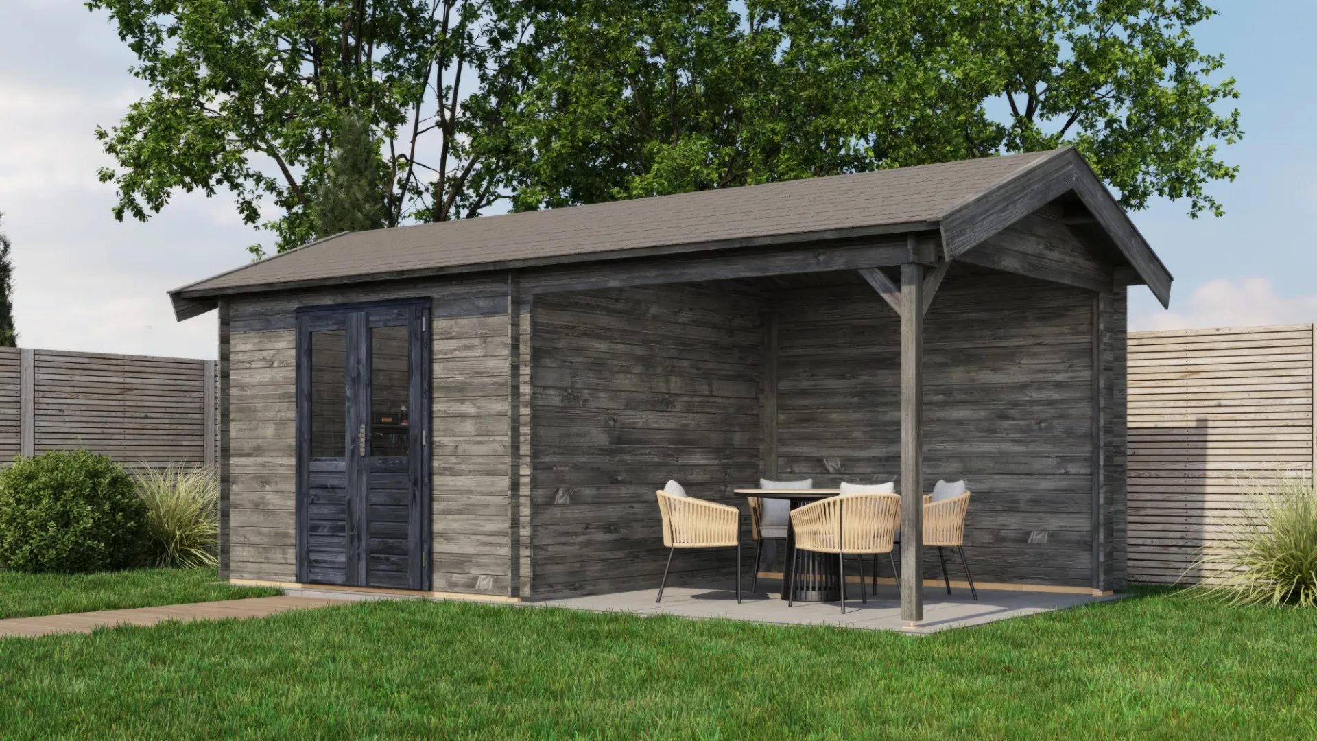 Lugarde Select | Tuinhuis Raalte met Overkapping Rechts 300 + 300 x 300 | Keteldruk Grijs