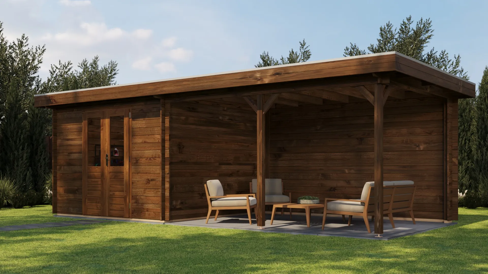 Lugarde Select | Tuinhuis Harderwijk met Overkapping Rechts 300 + 400 x 300 | Keteldruk Bruin