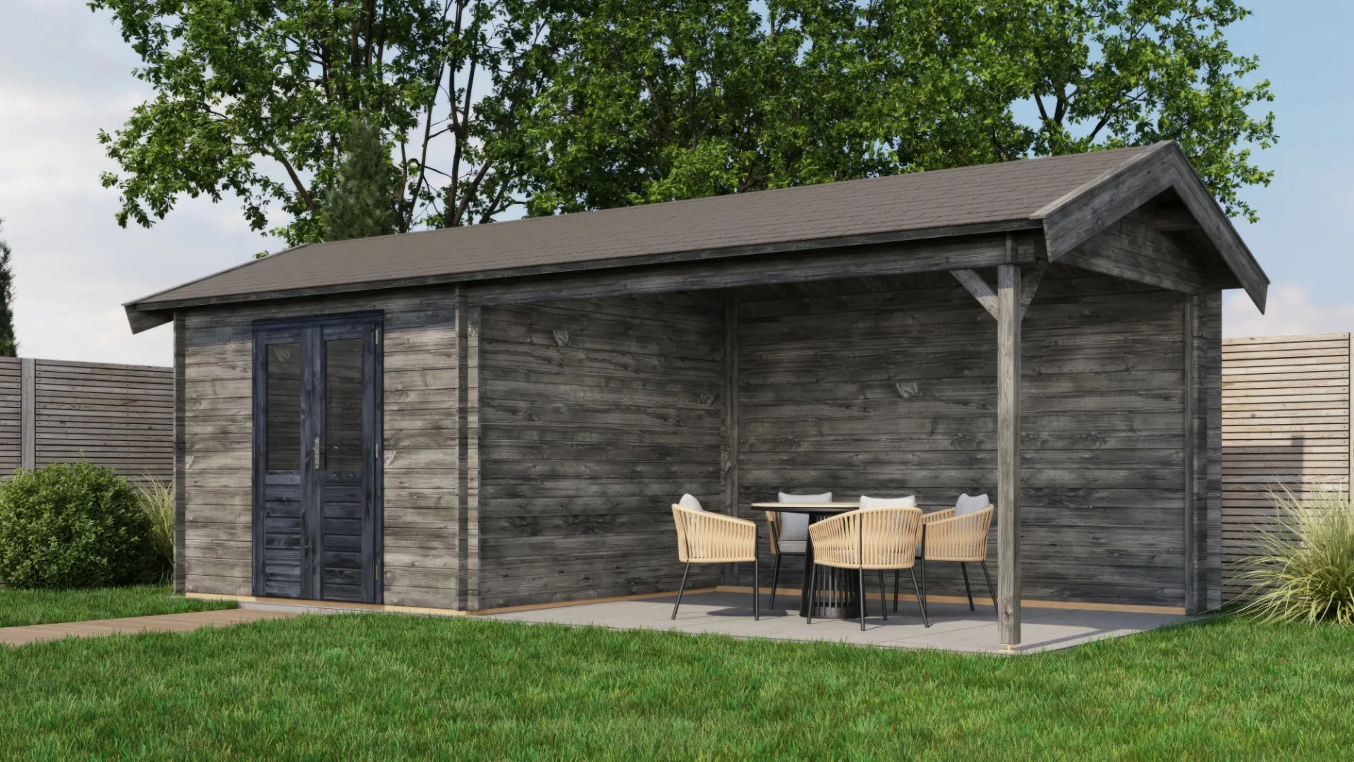 Lugarde Select | Blokhut Epe met Overkapping 300 + 400 x 300 | Keteldruk Grijs