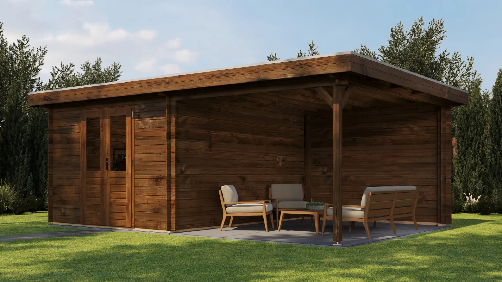 Lugarde Select | Tuinhuis Tiel met Overkapping Rechts 300 + 300 x 400 | Keteldruk Bruin