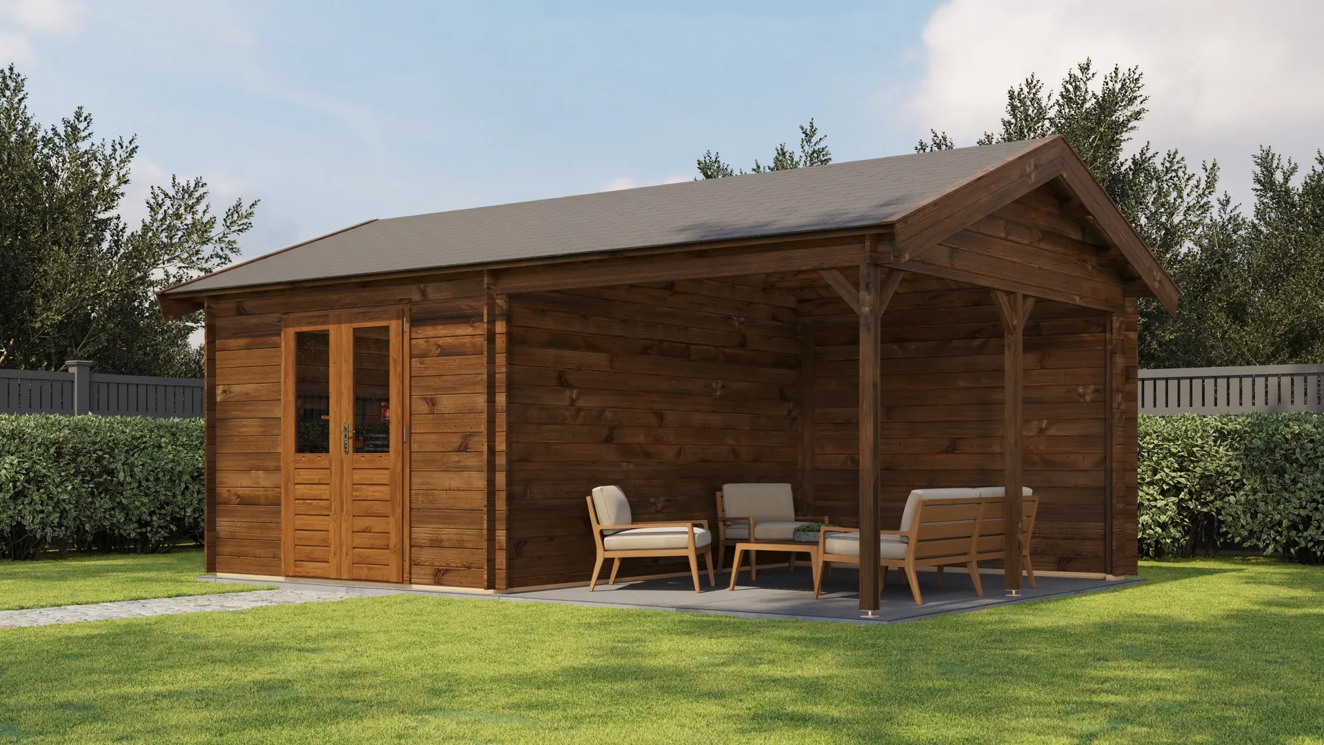 Lugarde Select | Tuinhuis Hattem met Overkapping Rechts 300 + 300 x 400 | Keteldruk Bruin