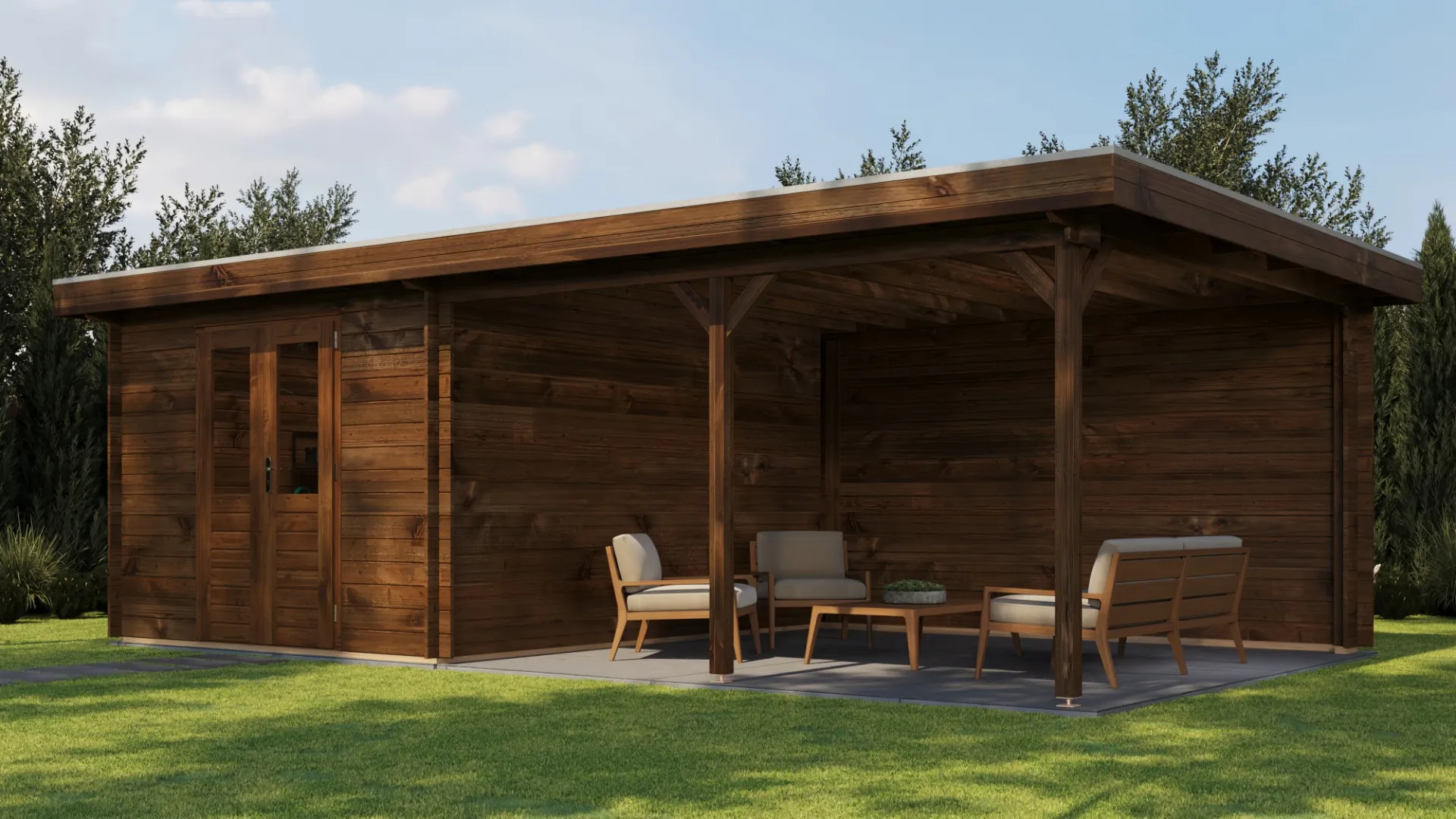 Lugarde Select | Tuinhuis Culemborg met Overkapping Rechts 300 + 400 x 400 | Keteldruk Bruin