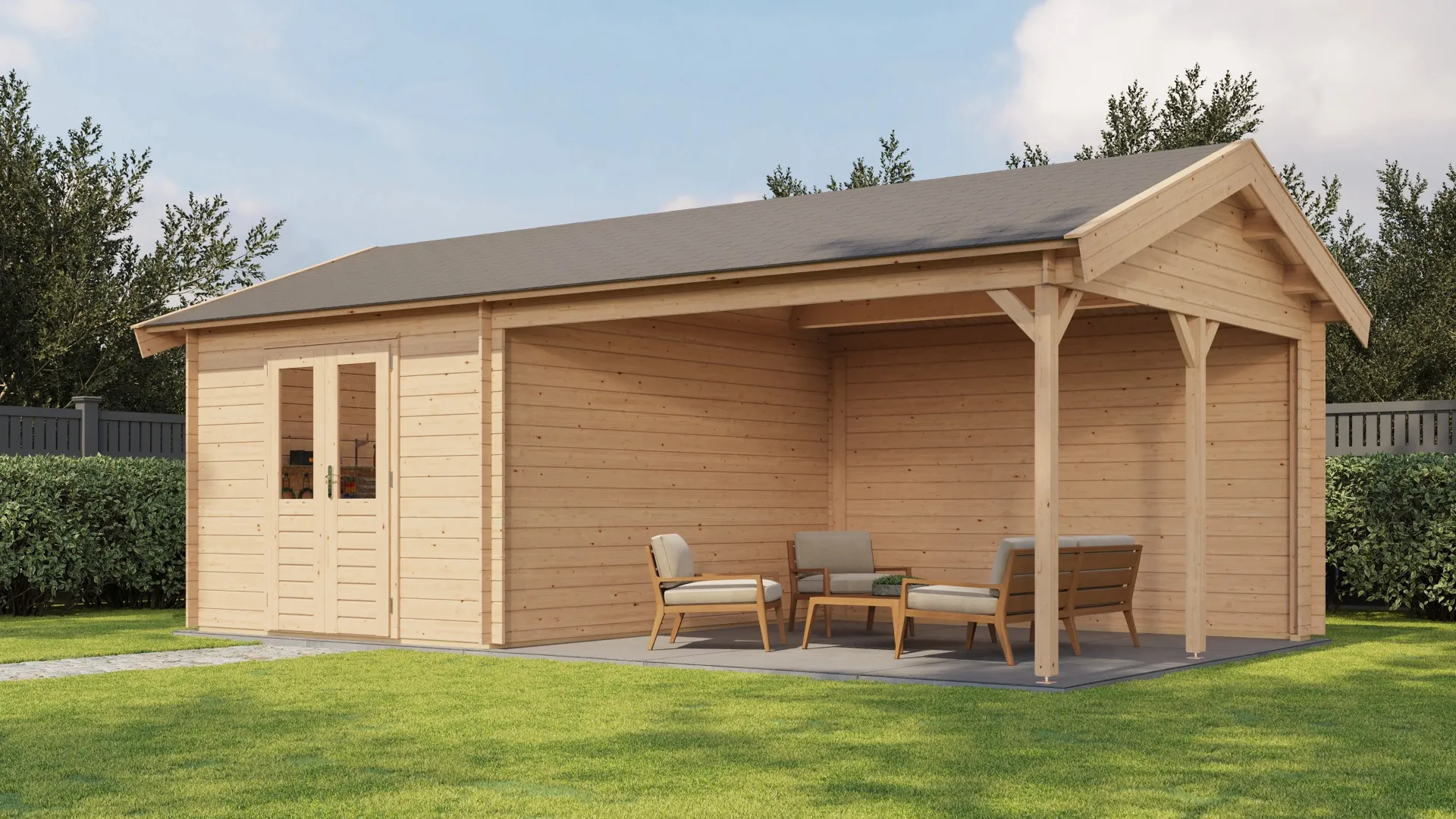 Lugarde Select | Tuinhuis Haaksbergen met Overkapping Rechts 300 + 400 x 400 | Onbehandeld