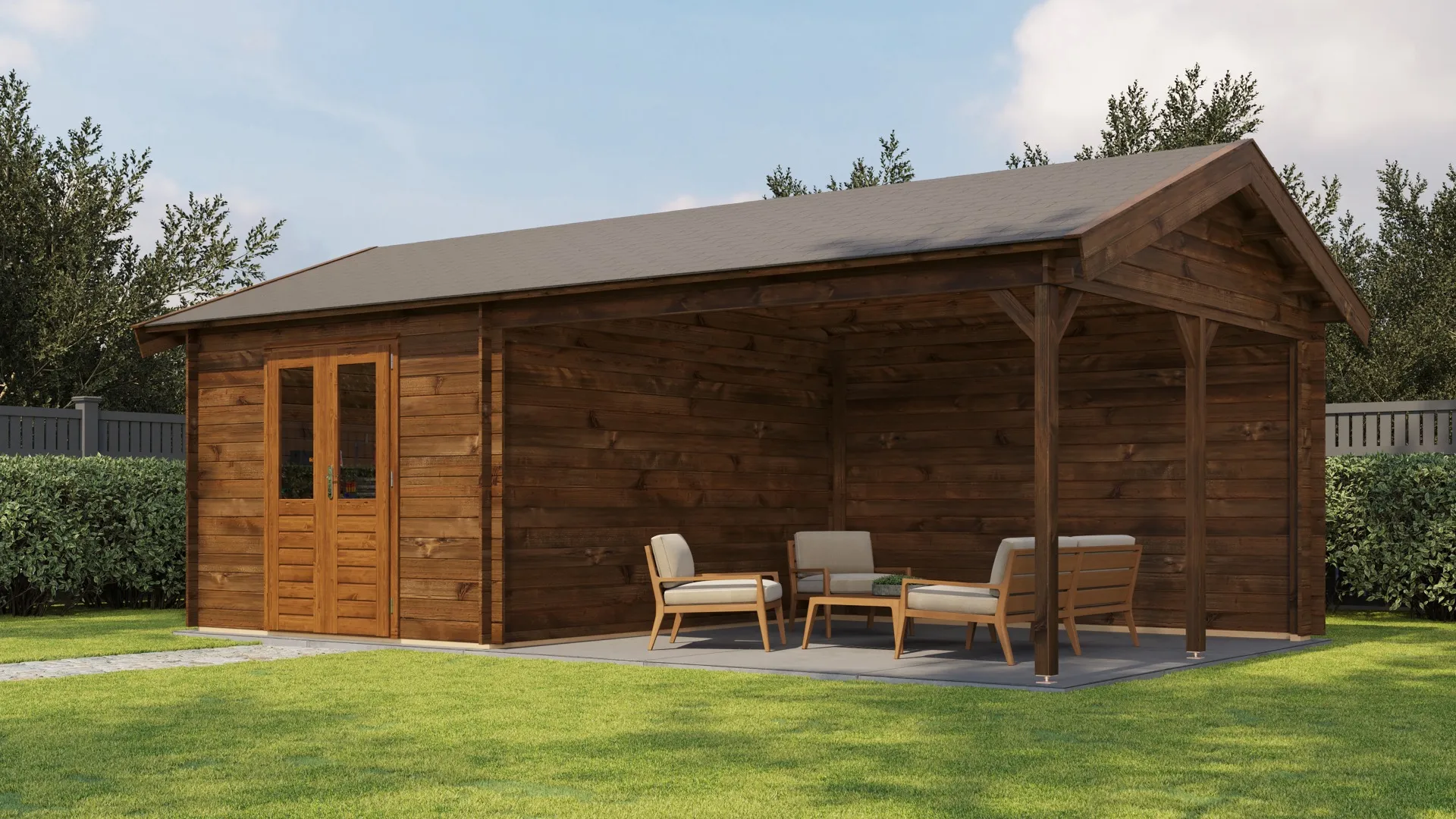 Lugarde Select | Tuinhuis Haaksbergen met Overkapping Rechts 300 + 400 x 400 | Keteldruk Bruin