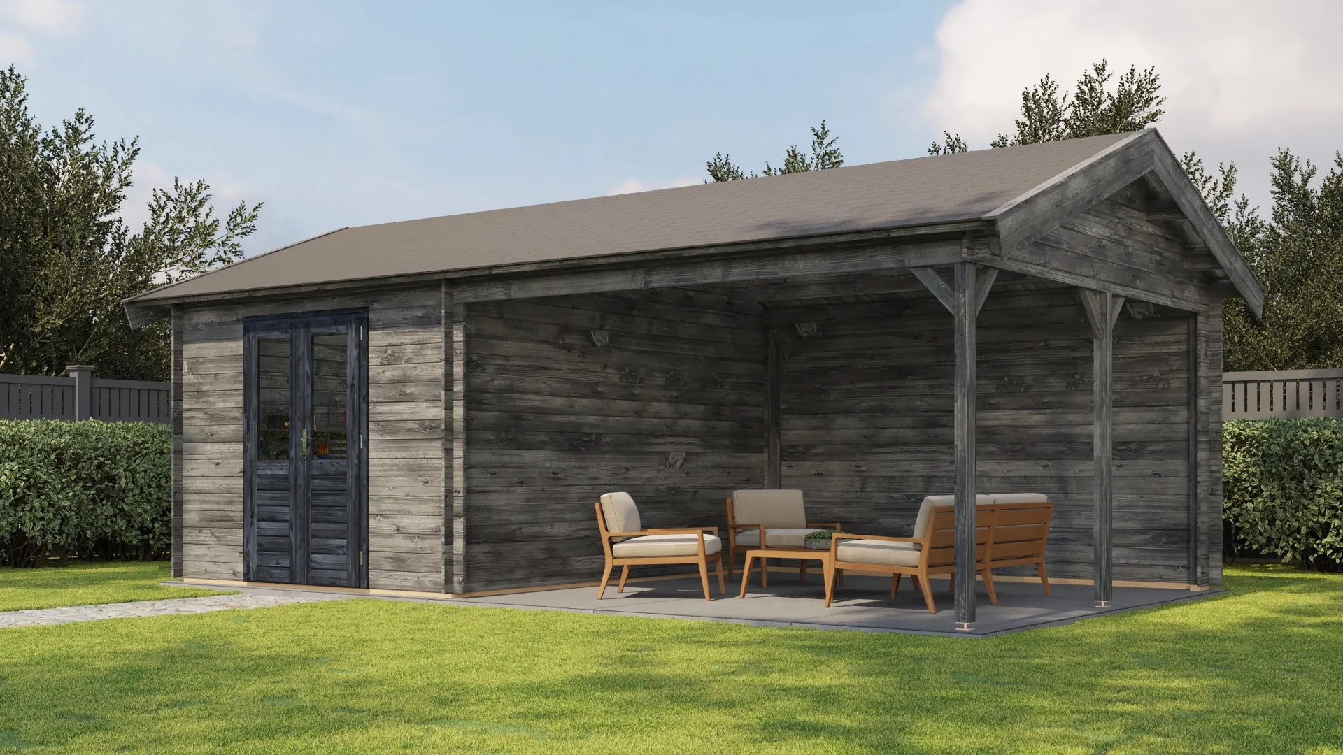 Lugarde Select | Tuinhuis Haaksbergen met Overkapping Rechts 300 + 400 x 400 | Keteldruk Grijs