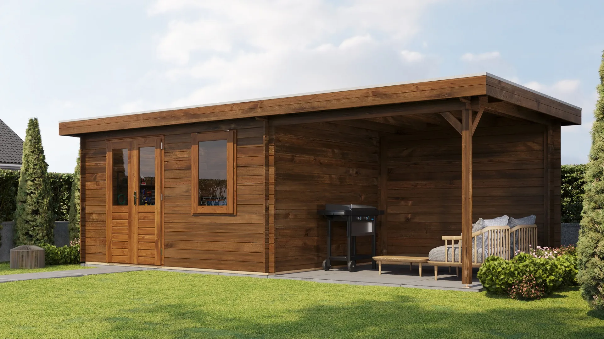 Lugarde Select | Tuinhuis Elst met Overkapping Rechts 400 + 300 x 300 | Keteldruk Bruin