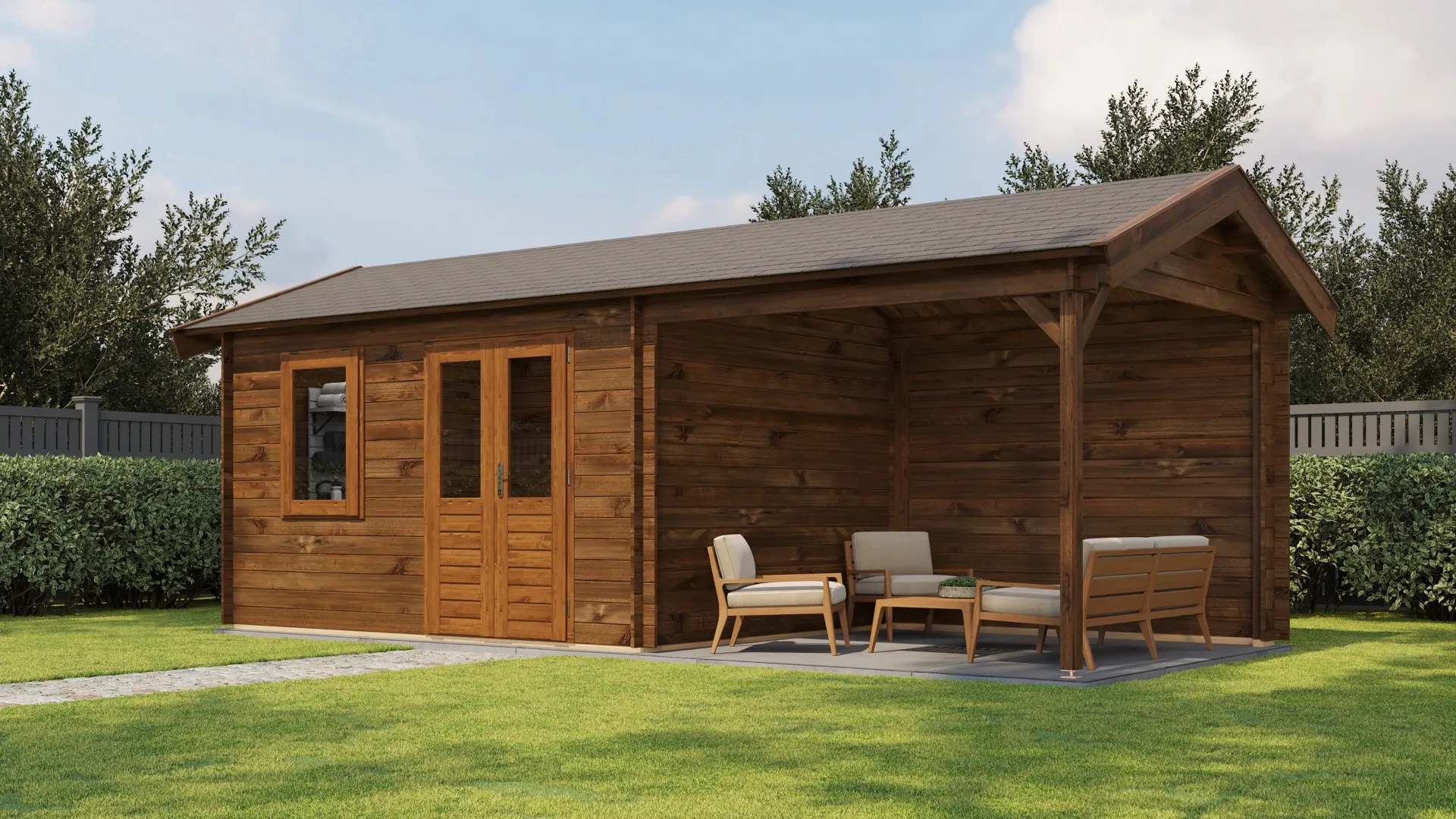 Lugarde Select | Tuinhuis Holten met Overkapping Rechts 400 + 300 x 300 | Keteldruk Bruin