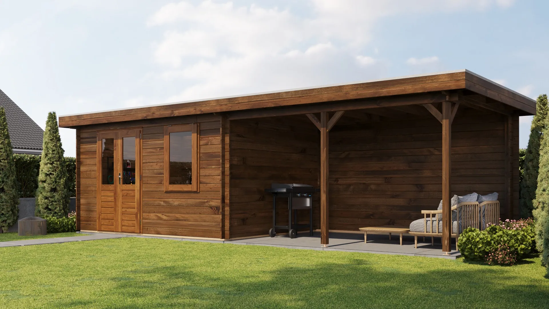 Lugarde Select | Blokhut Huissen met Overkapping 400 + 400 x 300 | Keteldruk Bruin