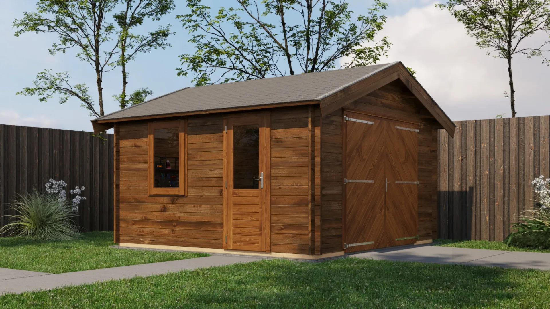 Lugarde Select | Tuinhuis Maurik met Garagedeur 400 x 400 | Keteldruk Bruin