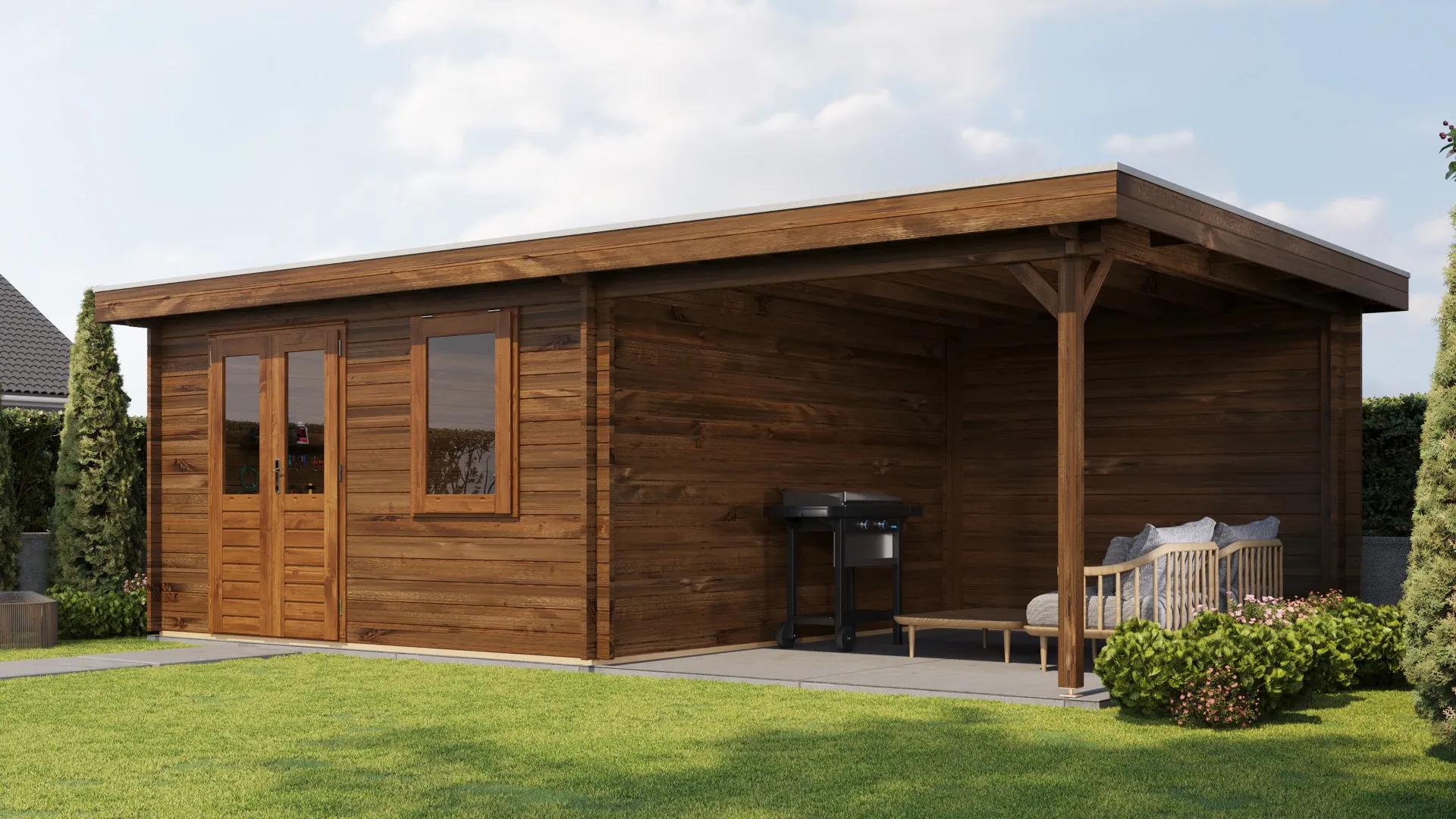 Lugarde Select | Tuinhuis Wehl met Overkapping Rechts 400 + 300 x 400 | Keteldruk Bruin