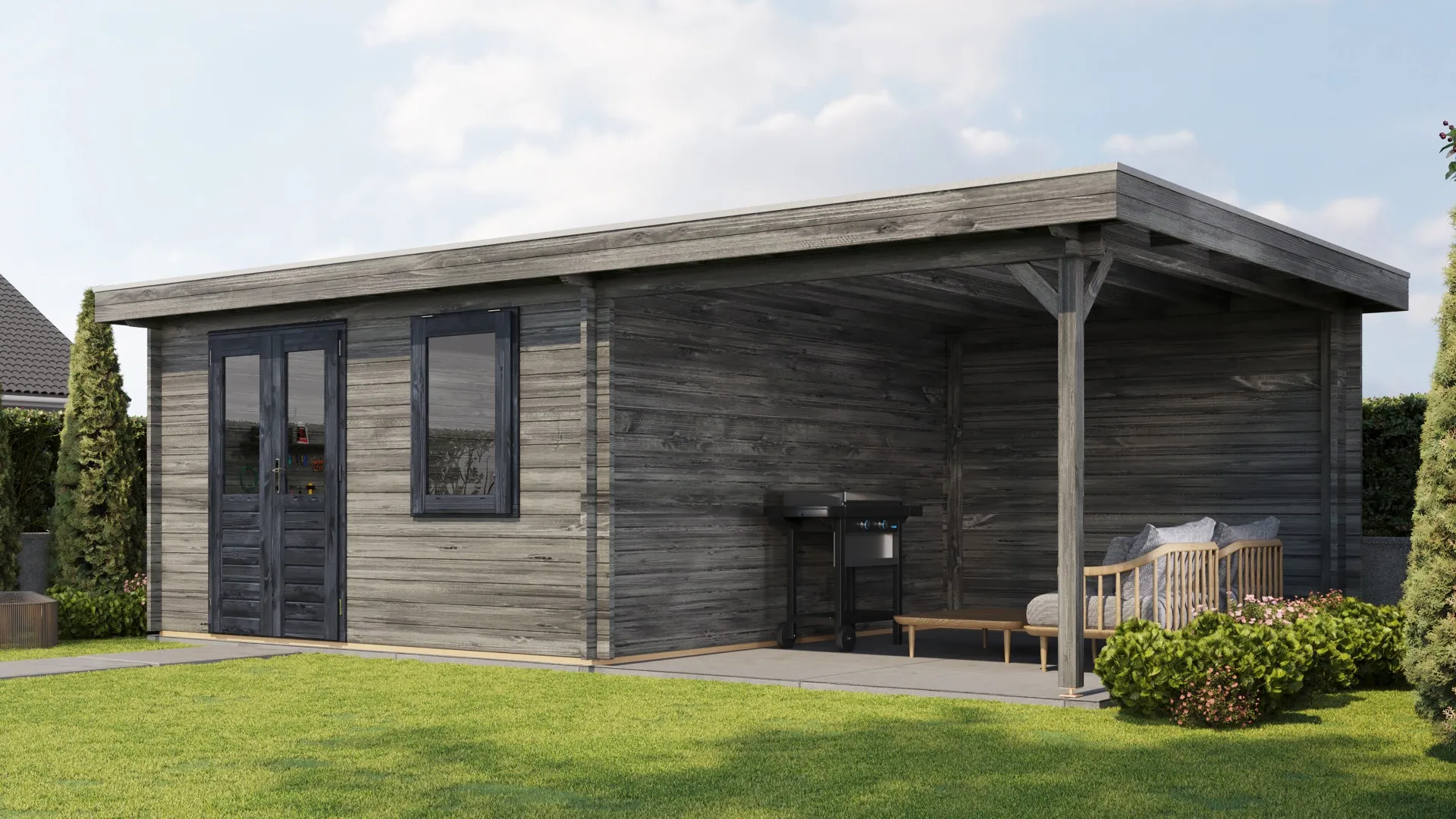 Lugarde Select | Tuinhuis Wehl met Overkapping Rechts 400 + 300 x 400 | Keteldruk Grijs