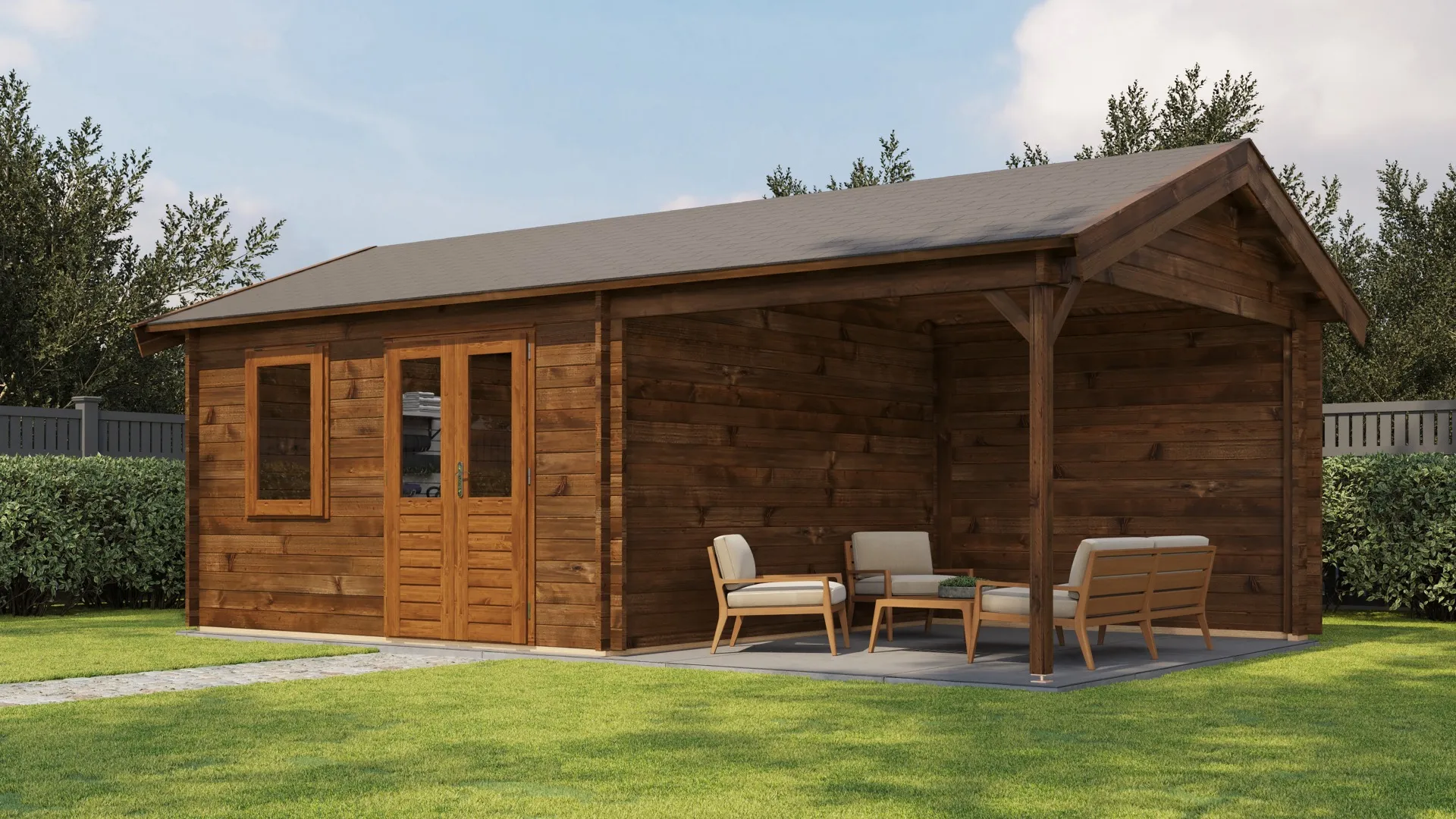 Lugarde Select | Tuinhuis Oosterbeek met Overkapping Rechts 400 + 300 x 400 | Keteldruk Bruin