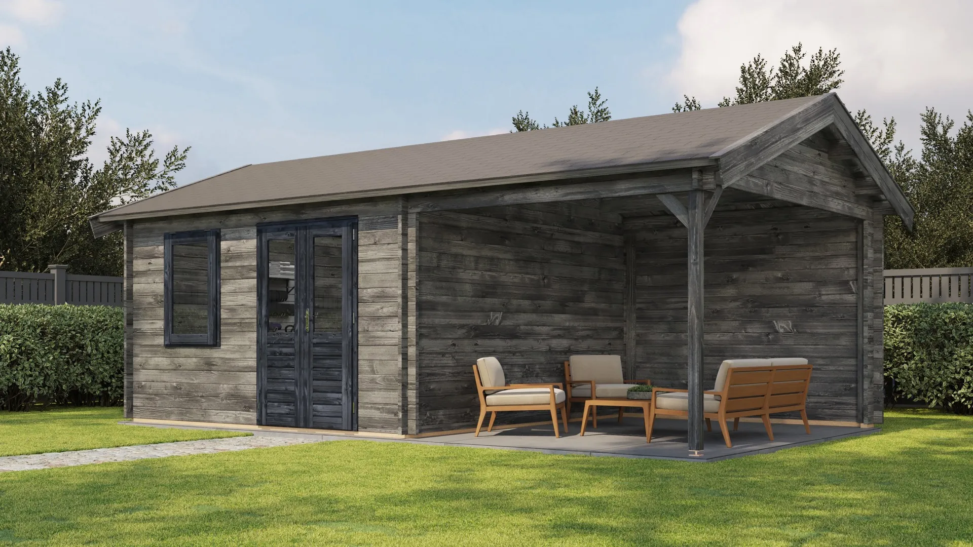 Lugarde Select | Tuinhuis Oosterbeek met Overkapping Rechts 400 + 300 x 400 | Keteldruk Grijs