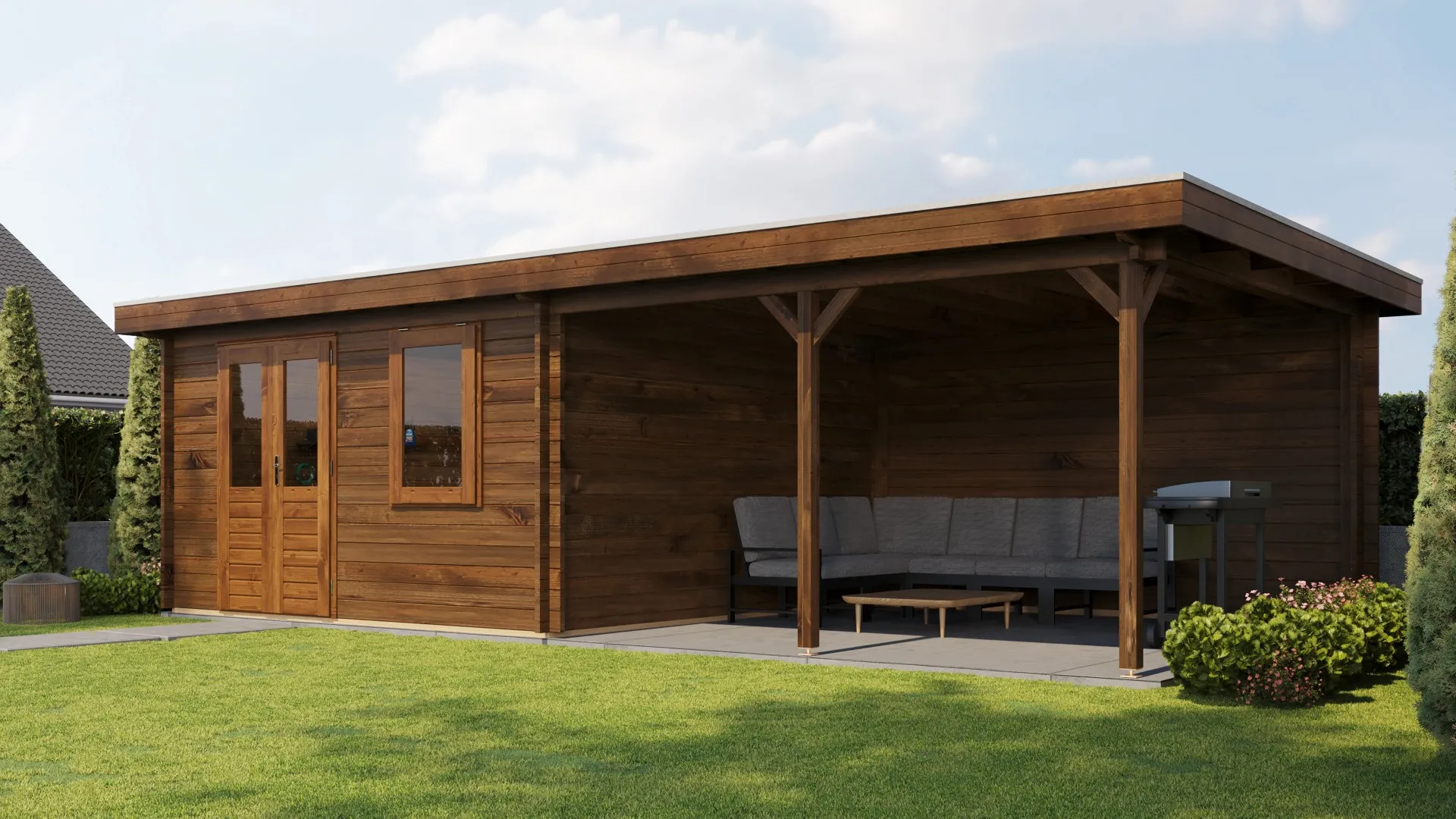 Lugarde Select | Tuinhuis Didam met Overkapping Rechts 400 + 400 x 400 | Keteldruk Bruin